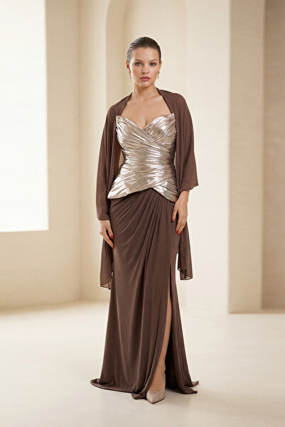 Setre Açık Kahve Yaka Ve Yırtmaçlı Drape Detaylı Uzun Abiye Elbise