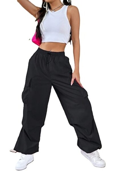 StreetWear Outlet Women's Cargo Pants with Pockets and High Waist, Black, L