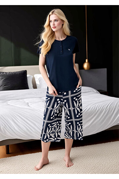 Soweto Women's Navy Blue Placketed Collar Capri Pajama Set - Ethnic Patterned...