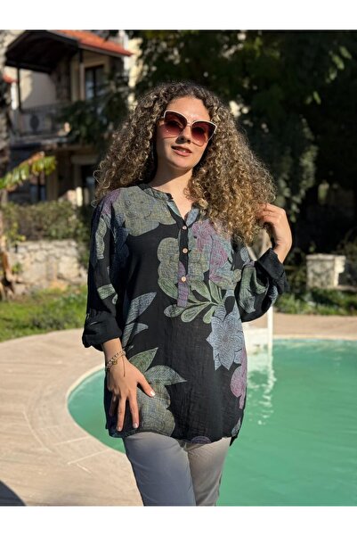 Punta Otantik Yg14095 Italian Three Button Cotton Linen Blouse Black