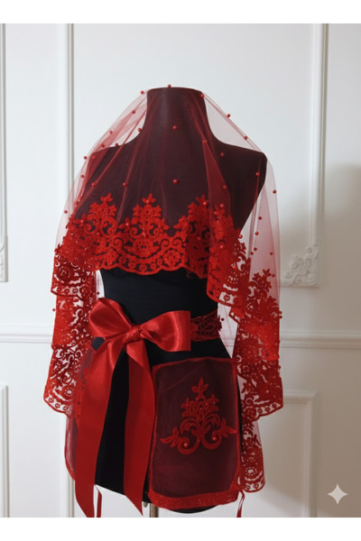 Anka kına evi Red Bridal Veil Henna Cover Set, Flocked Glittered Pearl Set