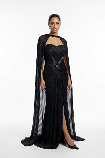 Setre Siyah Straplez Yaka Detaylı Dökümlü Abiye Elbise