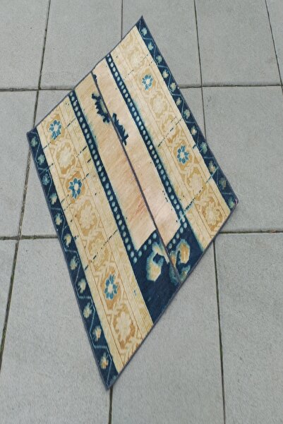 %100 El Yapımı Vintage Kare Yün Halı 66x70 cm,Lacivert & Krem Otantik Anadolu Halısı v74r