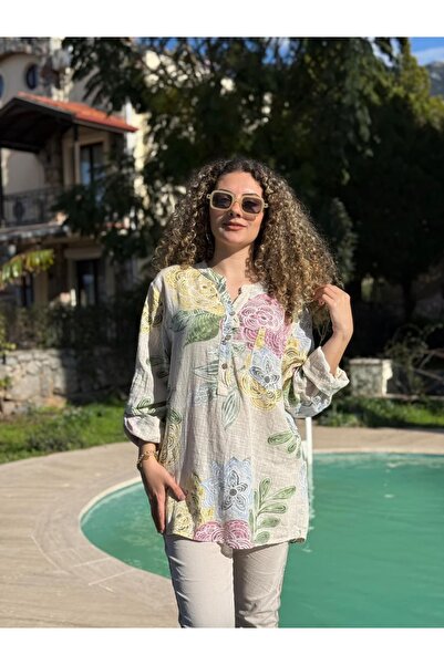 Punta Otantik Yg14095 Italian Three Button Cotton Linen Blouse Beige