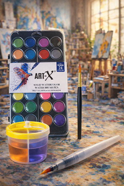 NUVVA Art X 24 lü Premium Sulu Boya Fırça Su kabı, Su hazneli fırça resim res...