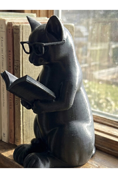 El Emeği Kitap Okuyan Gözlüklü Kedi Biblosu - Dekoratif Kitap Desteği ve Figür