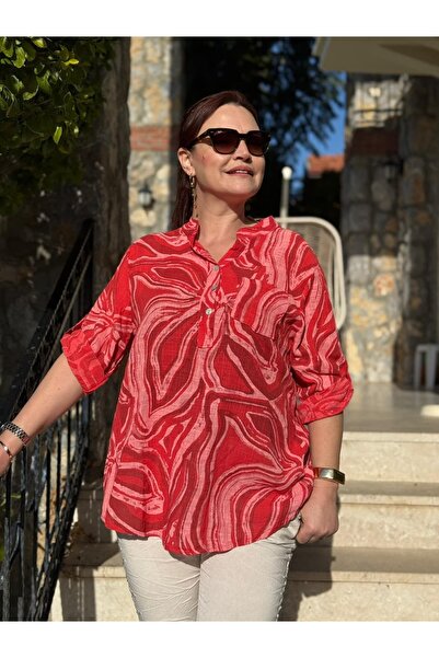 Punta Otantik Yg14020 Italian Three Buttons Cotton Linen Blouse Red