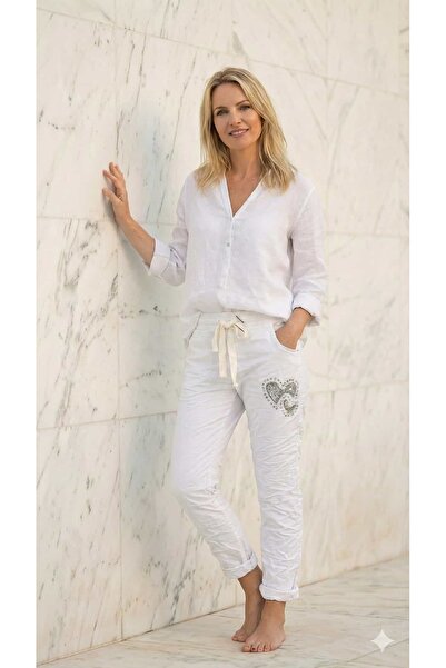 Punta Otantik Yg22021 Italian Coton Stone Heart Detailed Trousers White
