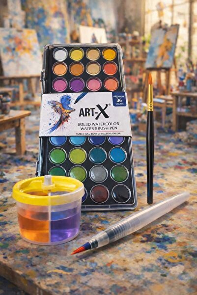 NUVVA Art X Premium 36 lı sulu boya Fırça Su Kabı, Su Hazneli Fırça Resim Res...