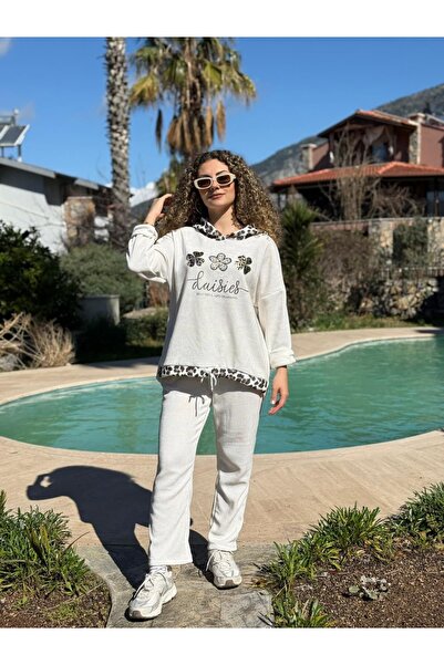 Punta Otantik Pt19767 Velvet Leopard Tracksuit Set White