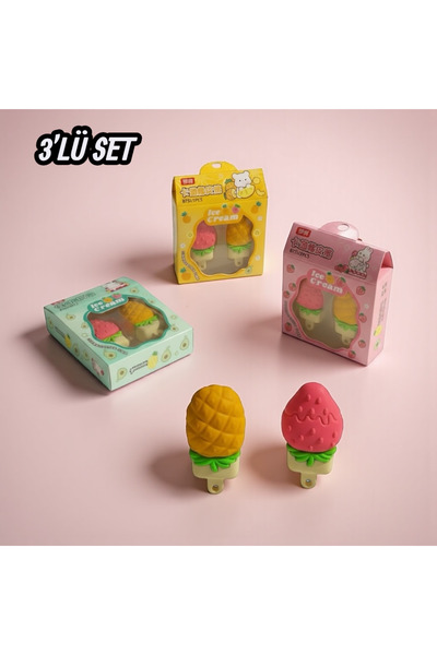 Beimo Ice Cream Silgi Çiftli 3'Lü Set , Dondurmalı Silgi Çiftli Kutuda (3 Pak...