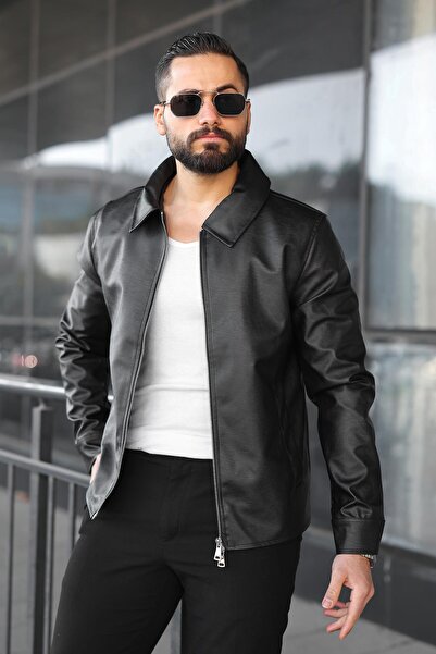 Jaglion Men's Black Zippered Leather Jacket