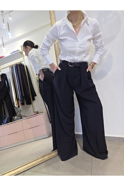 Butik Kadın, Yüksek Bel, Kemer Detaylı, Siyah, Geniş Paça, Palazzo Kumaş Pant...