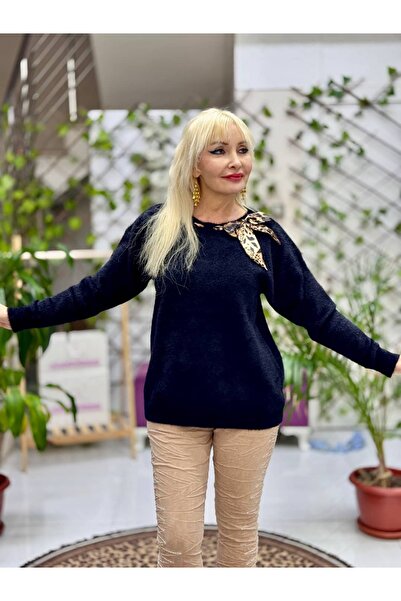 Punta Otantik D12829 Pulover moale cu detaliu panglică leopard, negru