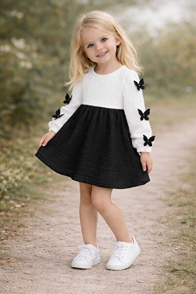 BEBEĞİME ÇORAP Сезонна момичешка рокля от муселин с пеперуден принт