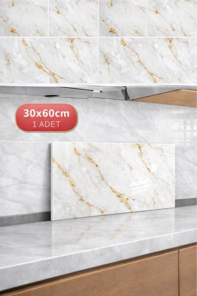 Renkli Duvarlar Shiny Sade Gold Mermer Desenli 60x30cm Yapışkanlı Mutfak Bany...