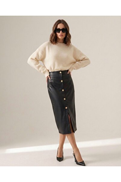 Grenj Fashion Black Faux Leather High Waist Maxi Skirt with Gold Button Detai...