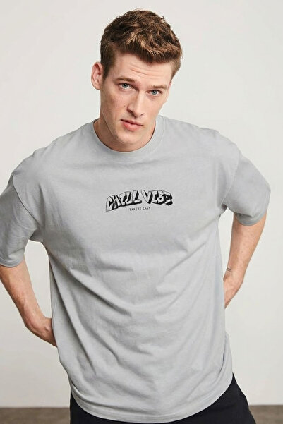 COMBİNE MİCHAİL Men's Chill Printed Oversize Gray T-Shirt