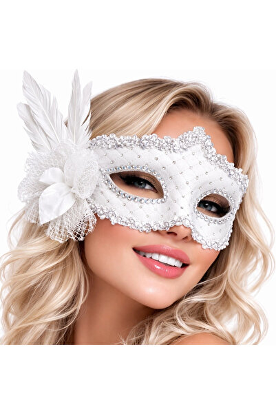Lisinya White Feathered Venetian Luxury Ball Mask - Tygoo