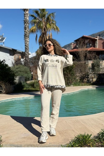 Punta Otantik Pt19768 Velvet Hooded Leopard Tracksuit Set Cream