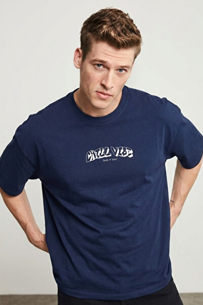 COMBİNE MİCHAİL Men's Chill Printed Oversize Navy Blue T-Shirt