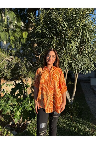 Punta Otantik Yg14020 Italian Three Buttons Cotton Linen Blouse Orange