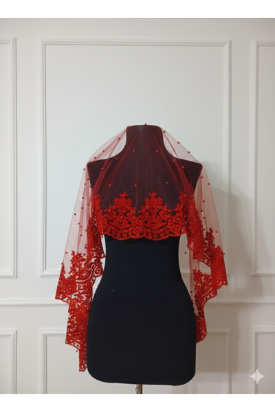 Anka kına evi Red Bridal Veil Henna Cover Set, Flocked Glittered Pearl Set