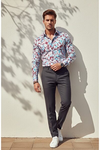 Louis Fabel قميص رجالي بأكمام طويلة ونقوش زهرية ملونة