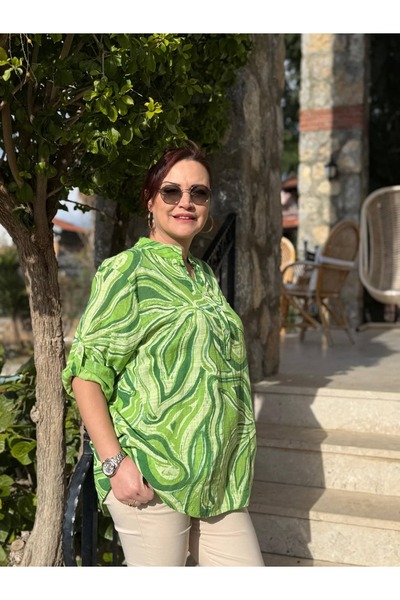 Punta Otantik Yg14020 Italian Three Button Cotton Linen Blouse Green