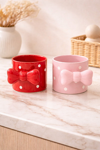 DİVAYS Ribbon Handle Polka Dot Ceramic Mug Set of 2