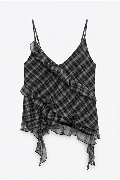 Quzu Fırfırlı Ekose Bluz Siyah