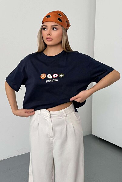 GİYSA Women's Fruit Embroidered 100% Cotton T-Shirt Navy Blue - 26Y 26518