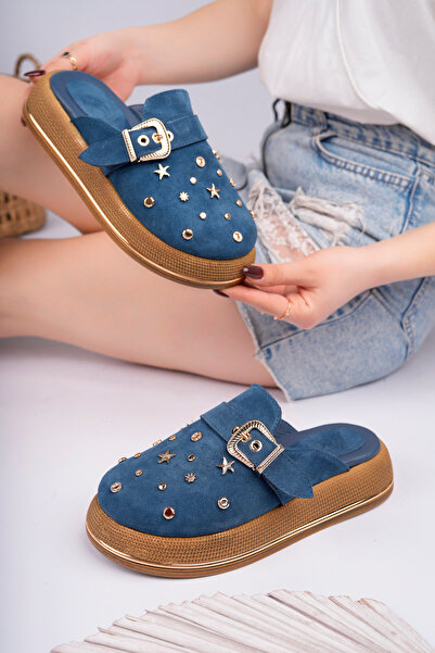 NOSEY SHOES Aura Model Genuine Leather Denim Blue Fastening with Trop Detail,...