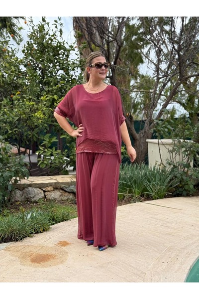 Punta Otantik طقم حرير إيطالي مطرز بالترتر NC2161 باللون العنابي