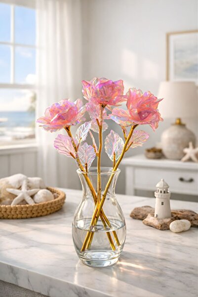 BUSERİSE 5 Adet Açık Pembe Hologramlı Sonsuzluk Gülü – Dekoratif Yapay Gül Se...