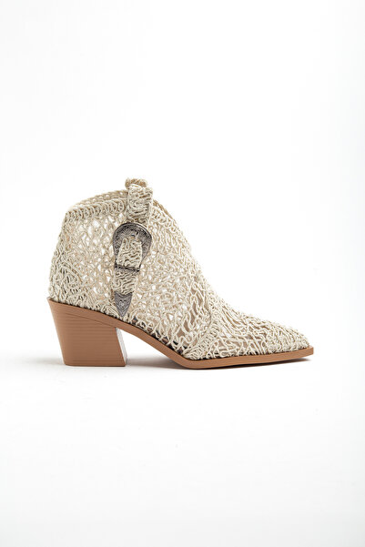 DENORA Beige Skin Ecru Lace Fabric Western Cowboy Short Ankle Buckle Summer B...