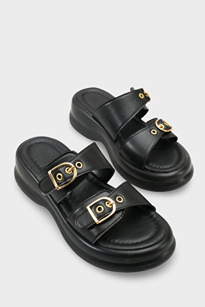 Riccon Women's Double Buckle Slippers 00121027 Black