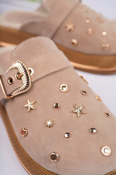 NOSEY SHOES Aura Model Genuine Leather Beige Fastened with Trop Detail, Thick...