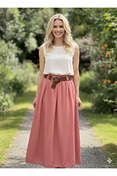 Punta Otantik Nc3254 Pleated Belted Italian Tencel Skirt Salmon