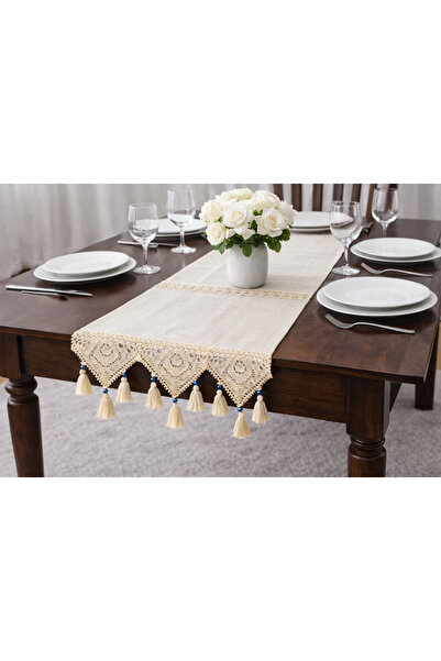 NATURAL LİFE CONCEPT Tasseled Runner with Handcrafted Lace from Buldan Linen ...