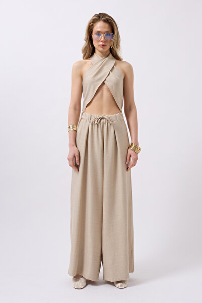 Black Fashion BlackFashion Women’s 100% Linen Wide-Leg Low Waist Trousers – O...