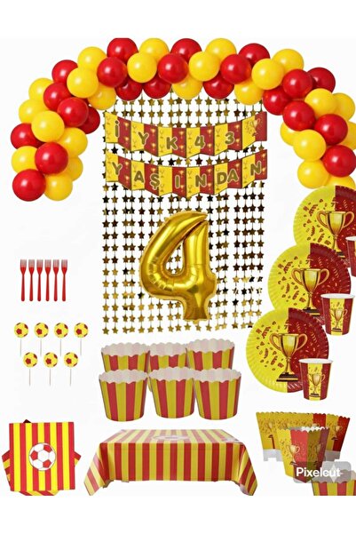 Mehca 8 kişilik Sarı kırmızı taraftar 4 yaş doğum günü konsepti