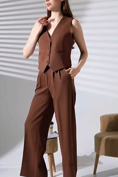 QBZ Brown Vested Palazzo Pants Suit
