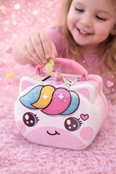 ASLI KİRAZ JEWERLY Unicorn Kilitli Çocuk Kumbarası – Anahtarlı Pembe Para Kutusu