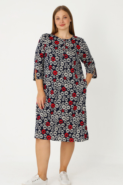 İntensive Navy Blue Pocketed Buttoned Three-Quarter Sleeve Pocketed Cotton Wo...