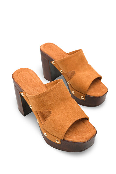 Riccon Women's Heeled Slippers 0012778 Tan Suede