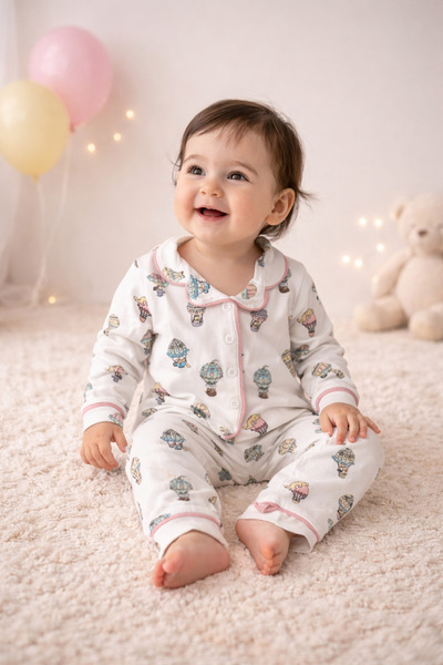 AKİ MODA KİDS Baby Girl Balloon Patterned Cotton Baby Pajama Set - Pink