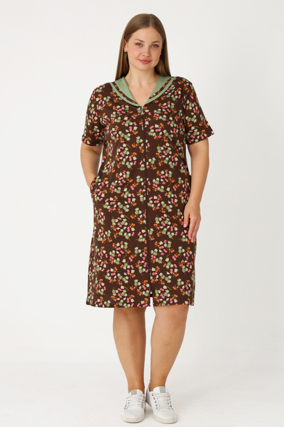 İntensive Brown Floral Patterned Women's Cotton Dress with Zipper and Pockets