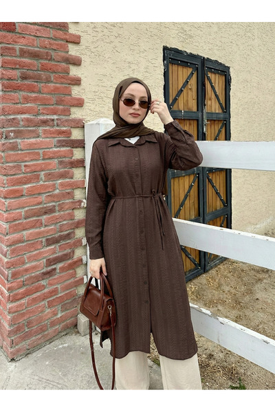 Lunsera Store Omuz Pile Geniş Raporlu Jakar Keten Tunik-Kahve