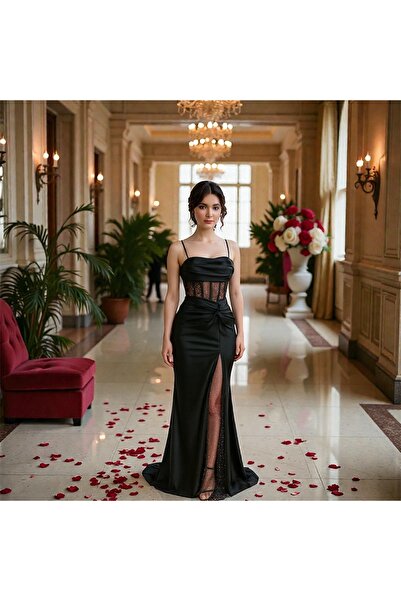 Divin store Black evening dress with Sheer corset and slit